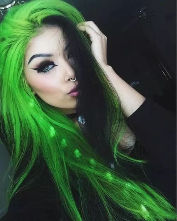 adeline munoz add half black half neon green hair photo