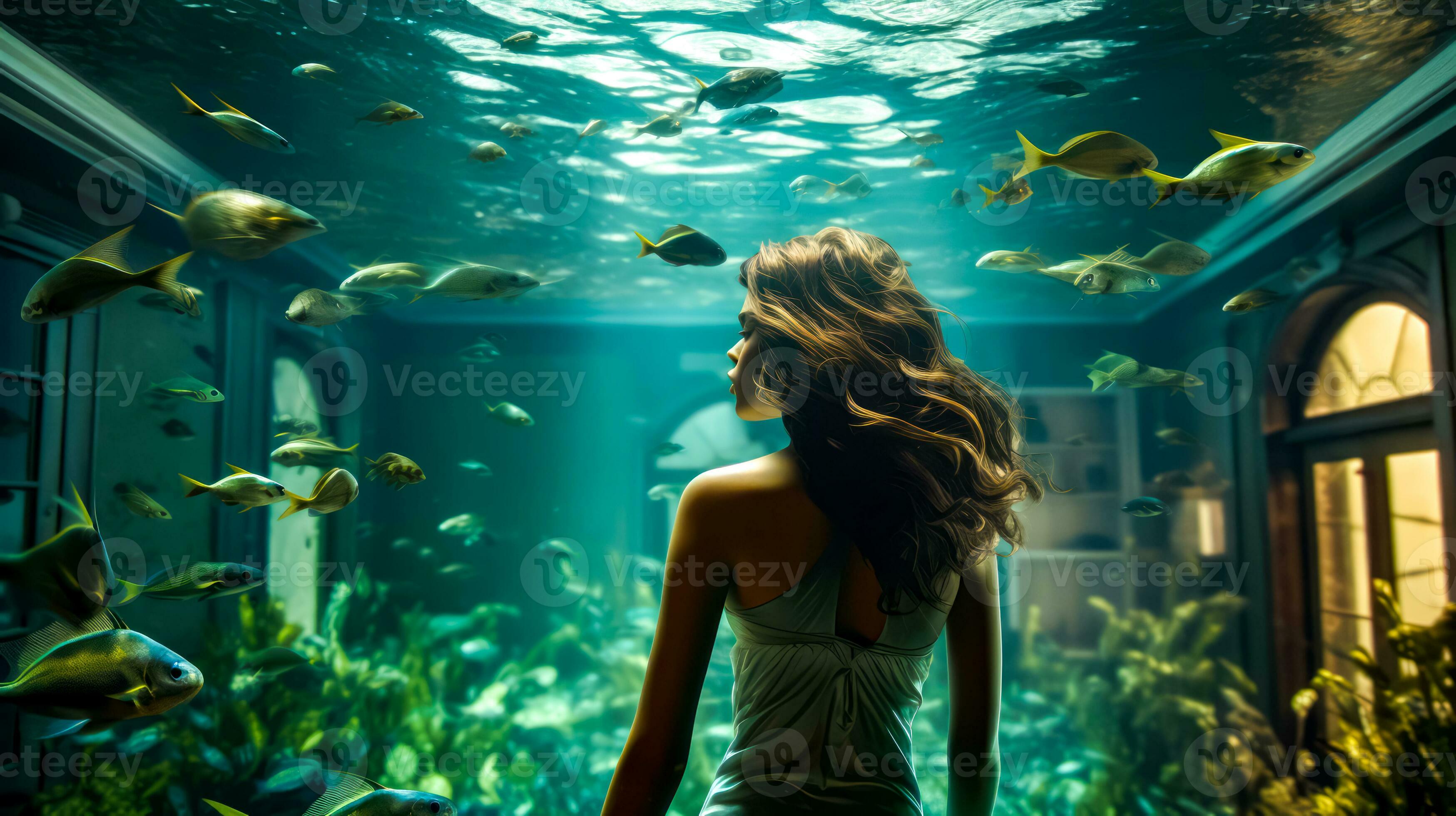 donna helding add photo woman underwater in tank